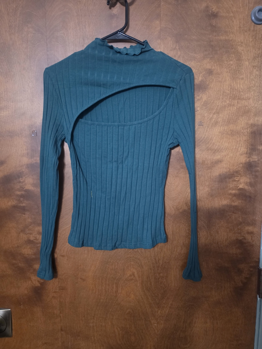 SHEIN Teal Ribbed Long-Sleeve Top with Asymmetrical Chest Cutout